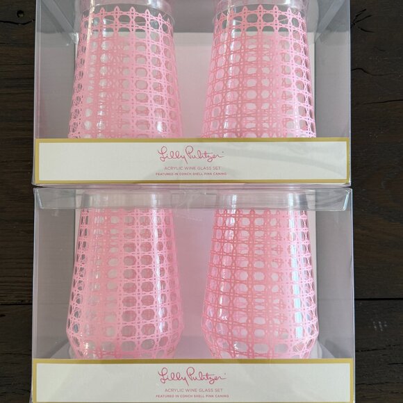 Lilly Pulitzer Stemless Plastic Pink Cane Wine Glass Set of 4 - Picture 1 of 3